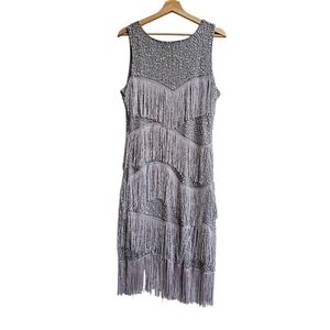 BABEYOND Flapper Dress Silver Gray Sequin Fringe Gatsby, Medium